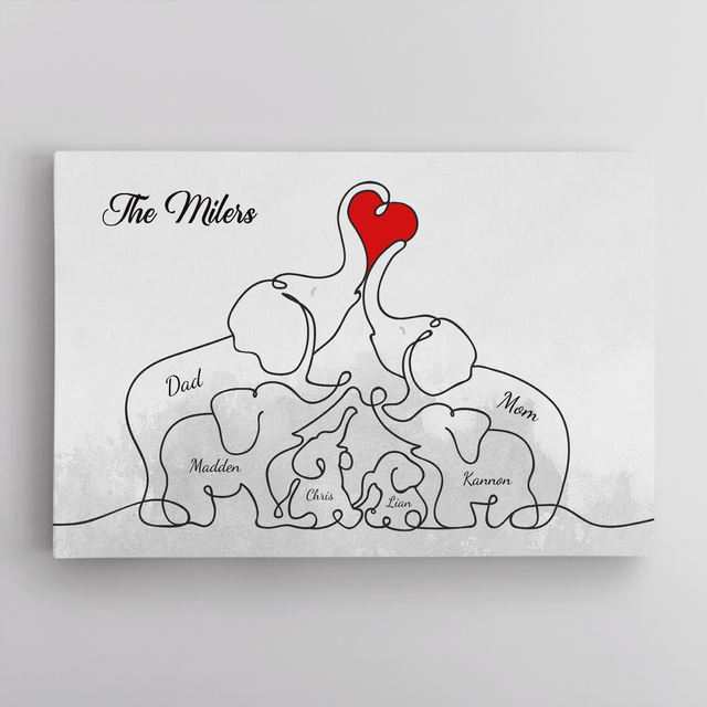 Elephant Family Love Canvas, One Line Art Style, Custom Family Name
