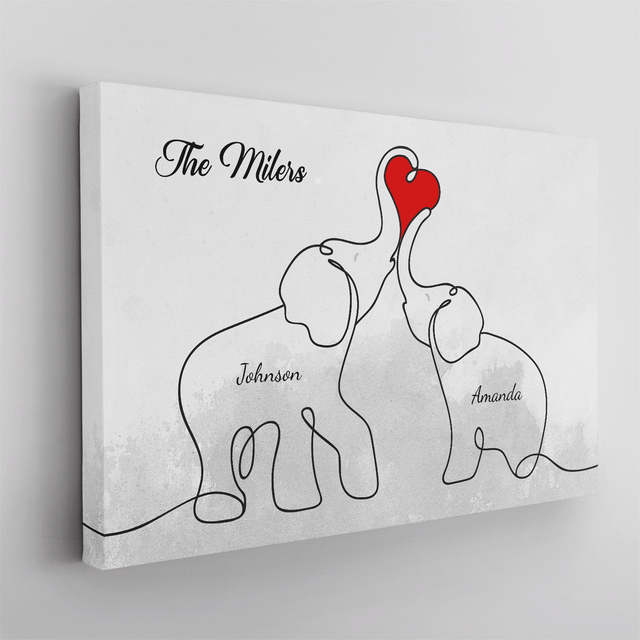 Elephant Family Love Canvas, One Line Art Style, Custom Family Name