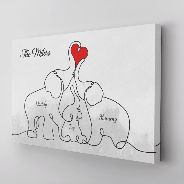 Elephant Family Love Canvas, One Line Art Style, Custom Family Name