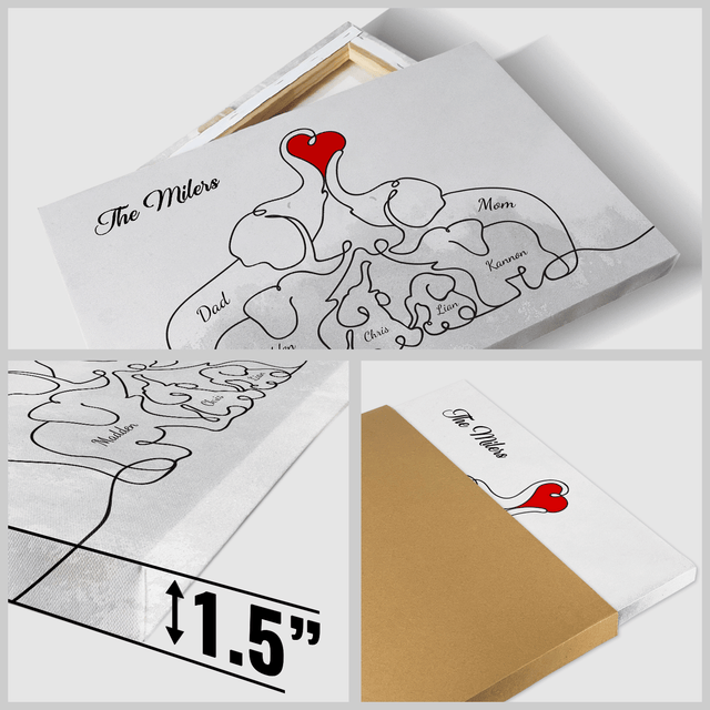 Elephant Family Love Canvas, One Line Art Style, Custom Family Name