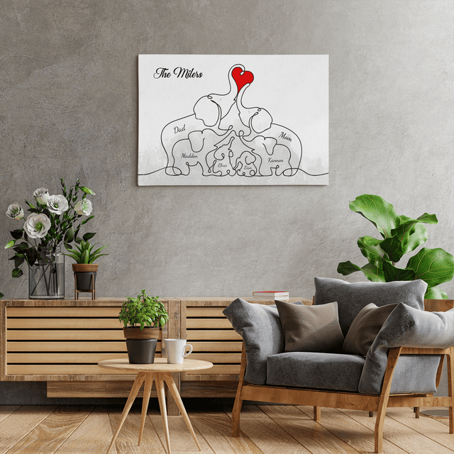 Elephant Family Love Canvas, One Line Art Style, Custom Family Name