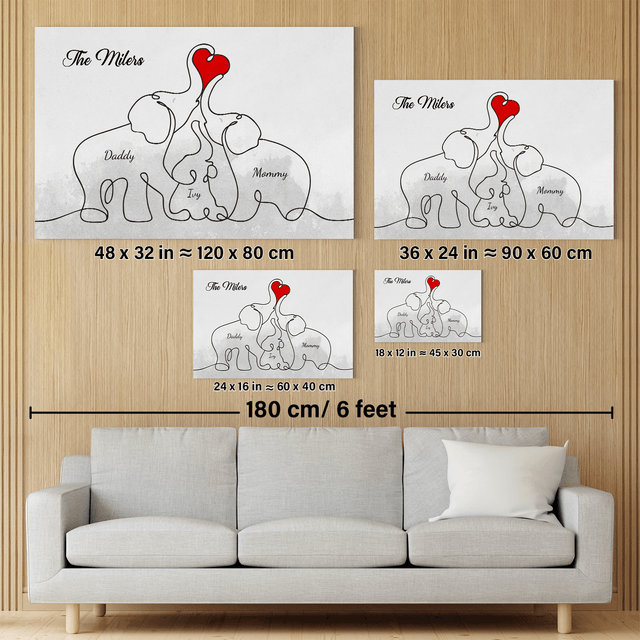 Elephant Family Love Canvas, One Line Art Style, Custom Family Name