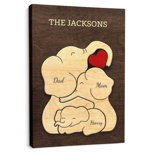Elephant Family Puzzle Style, Personalized Family Names Wall Art Canvas