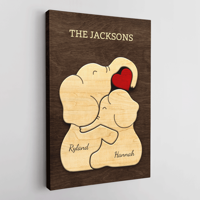 Elephant Family Puzzle Style, Personalized Family Names Wall Art Canvas