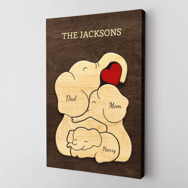 Elephant Family Puzzle Style, Personalized Family Names Wall Art Canvas
