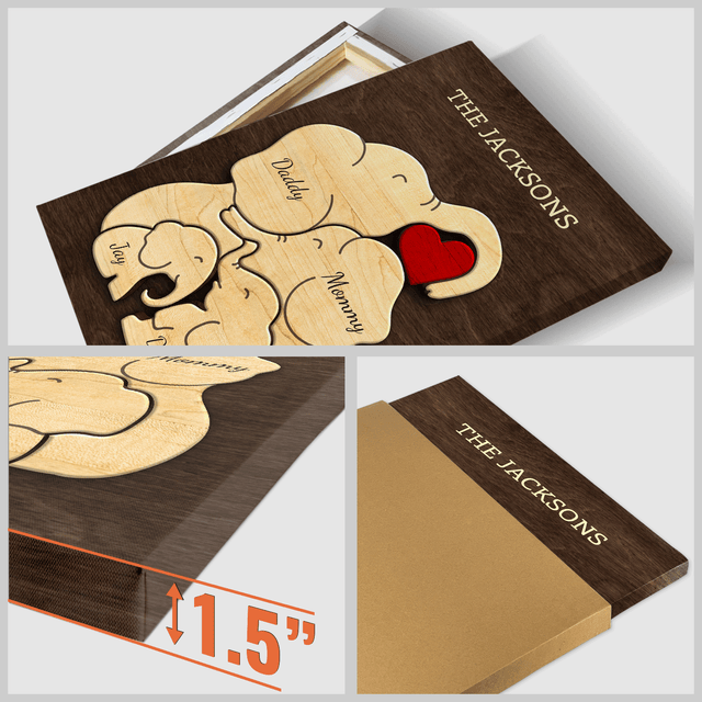 Elephant Family Puzzle Style, Personalized Family Names Wall Art Canvas