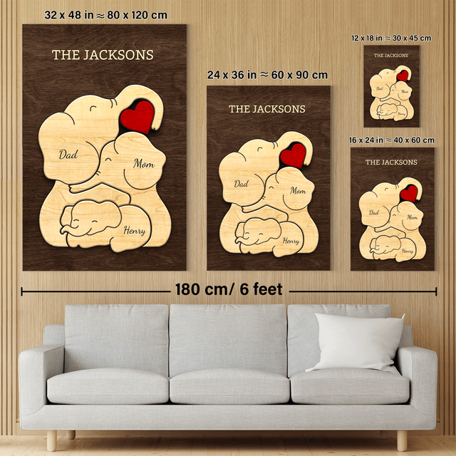 Elephant Family Puzzle Style, Personalized Family Names Wall Art Canvas