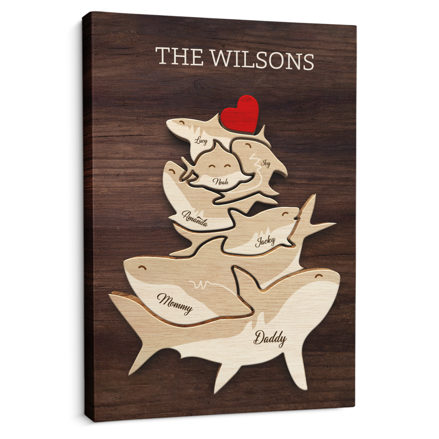 Shark Family Puzzle Canvas, Custom Family Name, Wooden Background