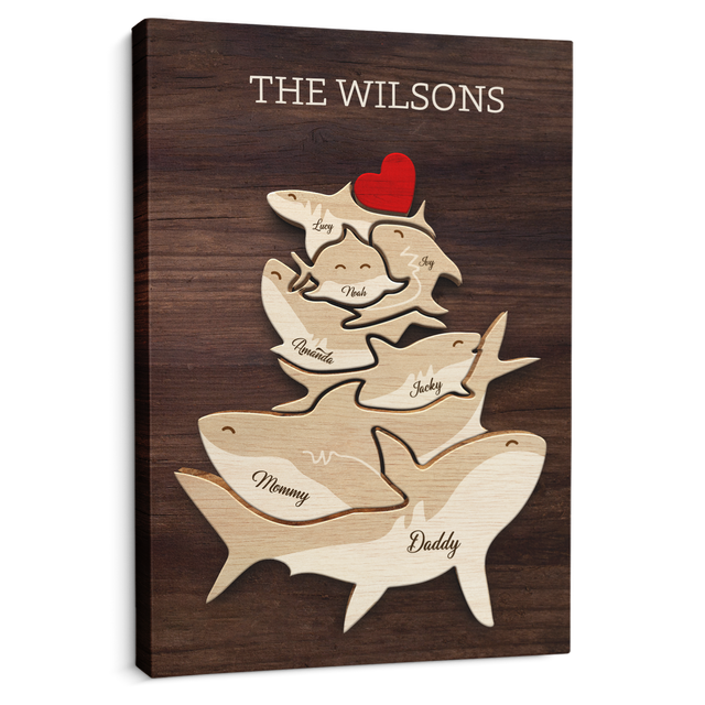 Shark Family Puzzle Canvas, Custom Family Name, Wooden Background