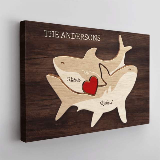 Shark Family Puzzle Canvas, Custom Family Name, Wooden Background
