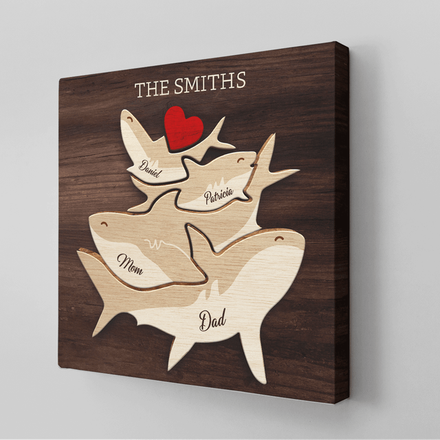 Shark Family Puzzle Canvas, Custom Family Name, Wooden Background