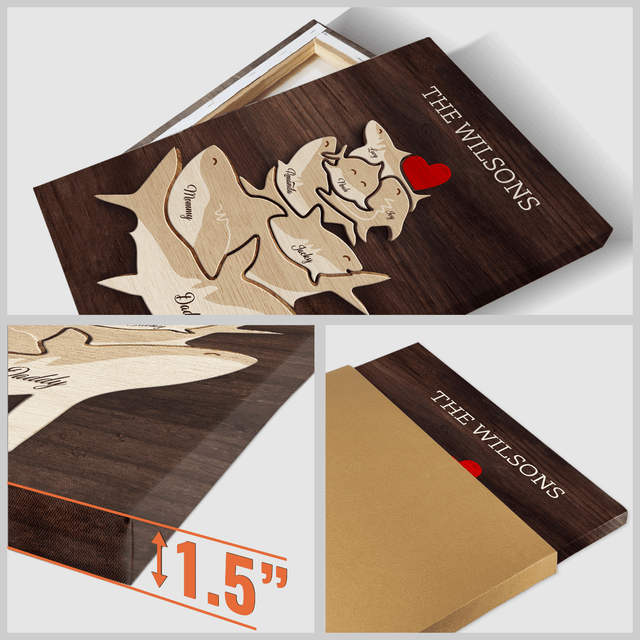Shark Family Puzzle Canvas, Custom Family Name, Wooden Background
