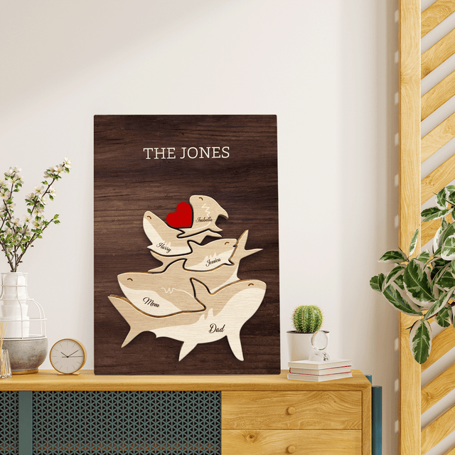 Shark Family Puzzle Canvas, Custom Family Name, Wooden Background