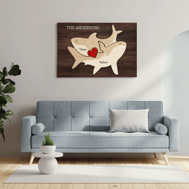 Shark Family Puzzle Canvas, Custom Family Name, Wooden Background