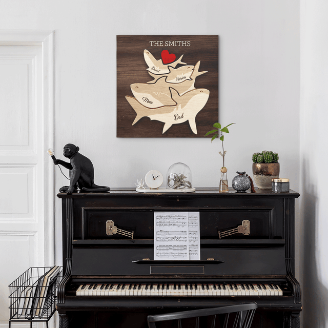 Shark Family Puzzle Canvas, Custom Family Name, Wooden Background