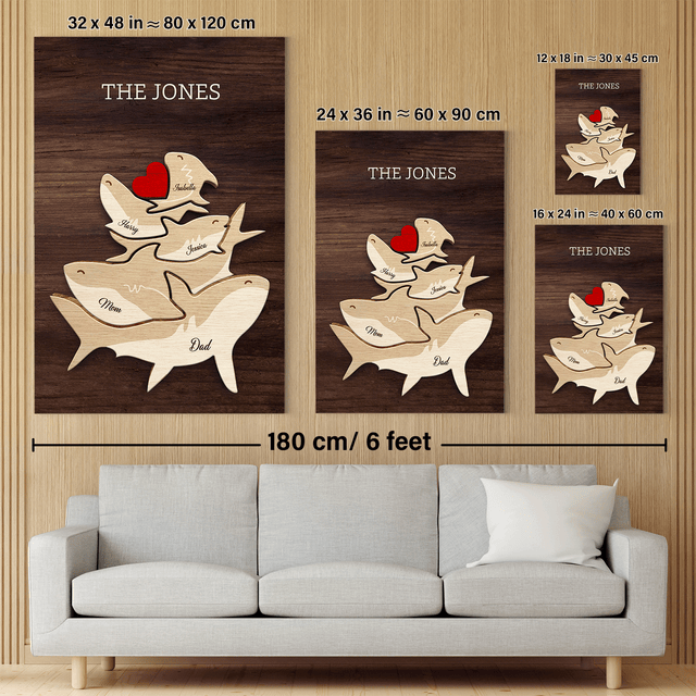 Shark Family Puzzle Canvas, Custom Family Name, Wooden Background