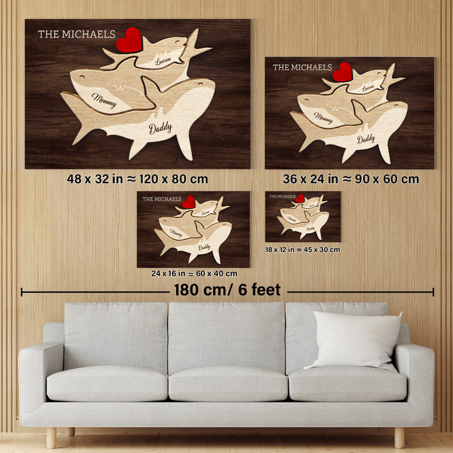 Shark Family Puzzle Canvas, Custom Family Name, Wooden Background