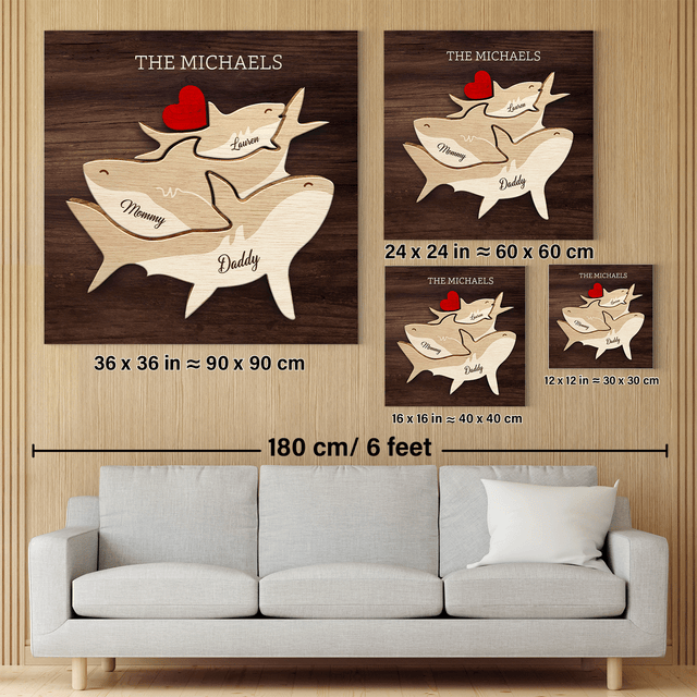 Shark Family Puzzle Canvas, Custom Family Name, Wooden Background