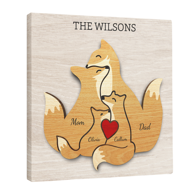 Fox Family Puzzle Style, Personalized Family Names Wall Art Canvas