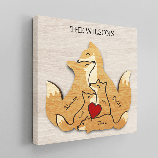 Fox Family Puzzle Style, Personalized Family Names Wall Art Canvas
