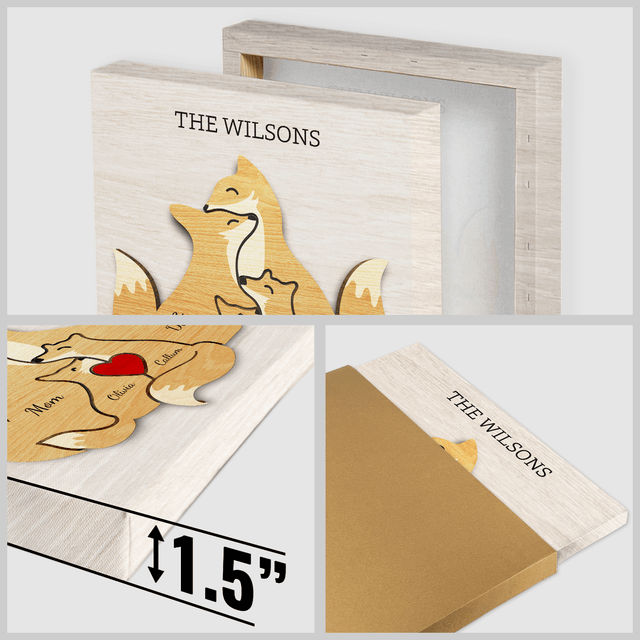 Fox Family Puzzle Style, Personalized Family Names Wall Art Canvas