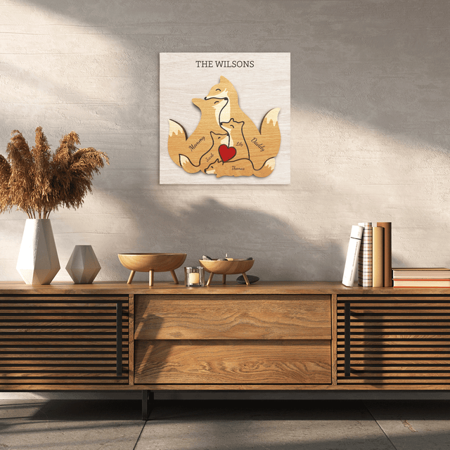 Fox Family Puzzle Style, Personalized Family Names Wall Art Canvas