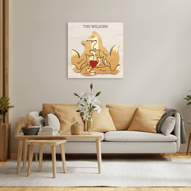 Fox Family Puzzle Style, Personalized Family Names Wall Art Canvas