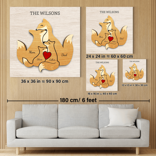 Fox Family Puzzle Style, Personalized Family Names Wall Art Canvas