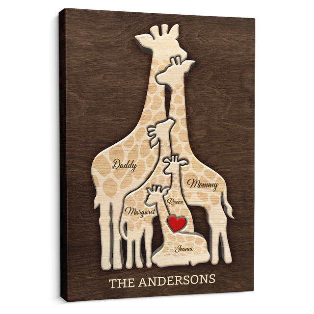 Giraffe Family Puzzle Canvas, Custom Family Name, Wooden Background