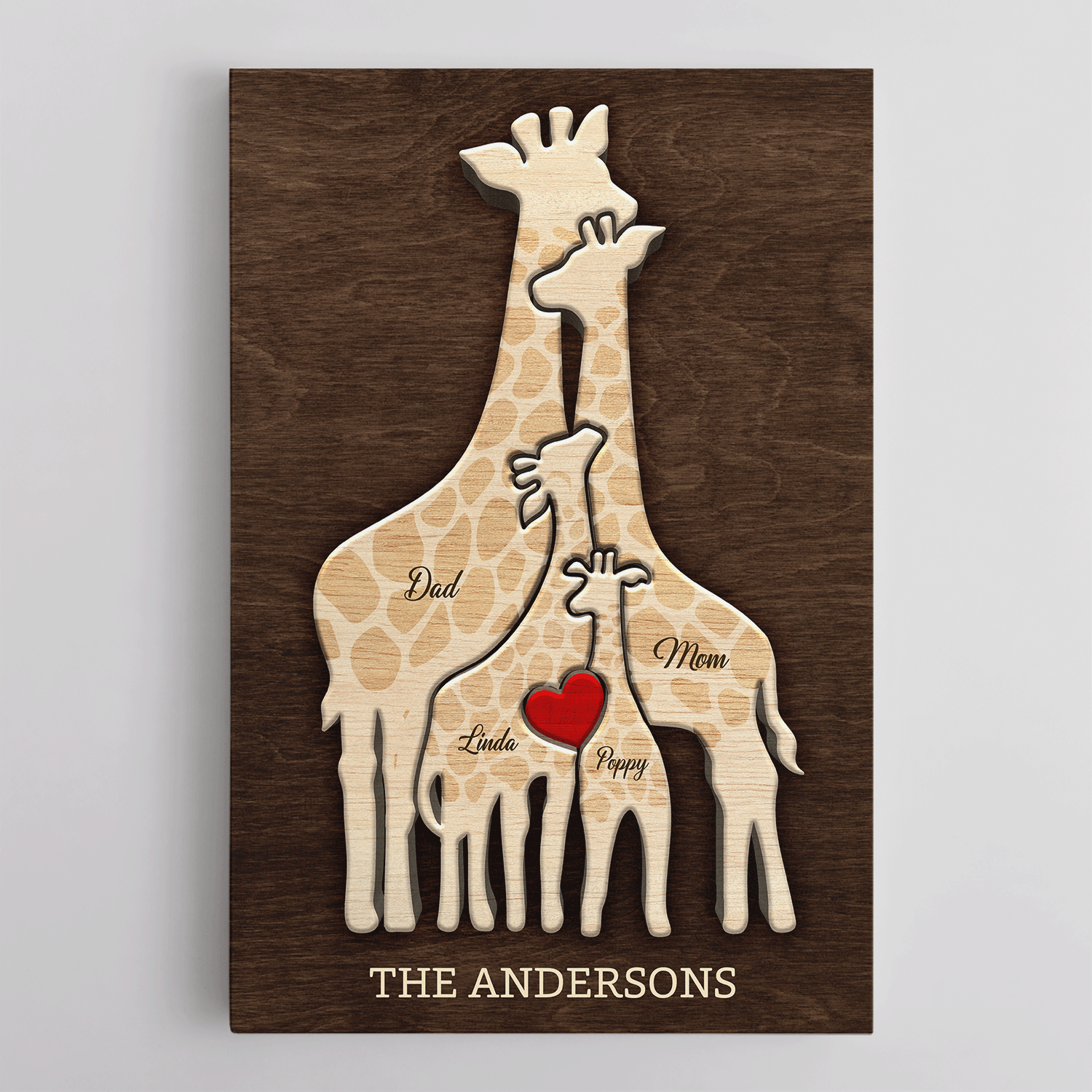 Giraffe Family Puzzle Canvas, Custom Family Name, Wooden Background