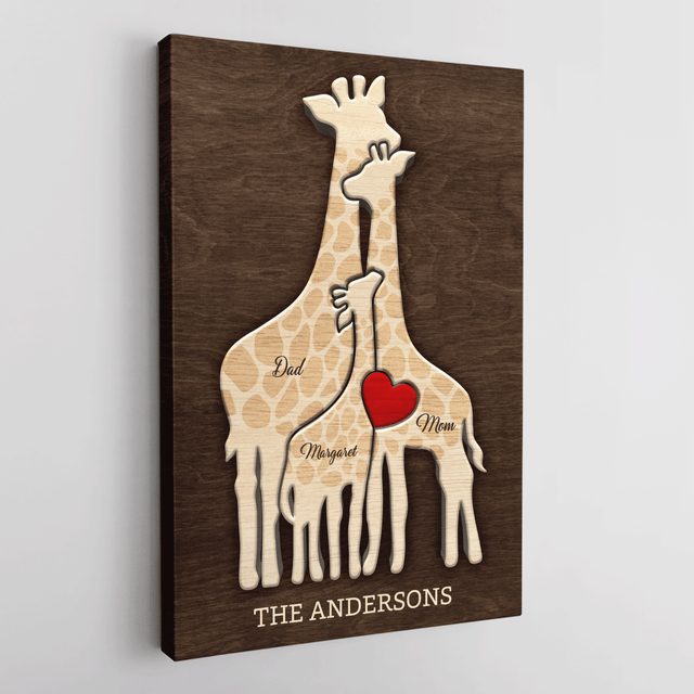 Giraffe Family Puzzle Canvas, Custom Family Name, Wooden Background
