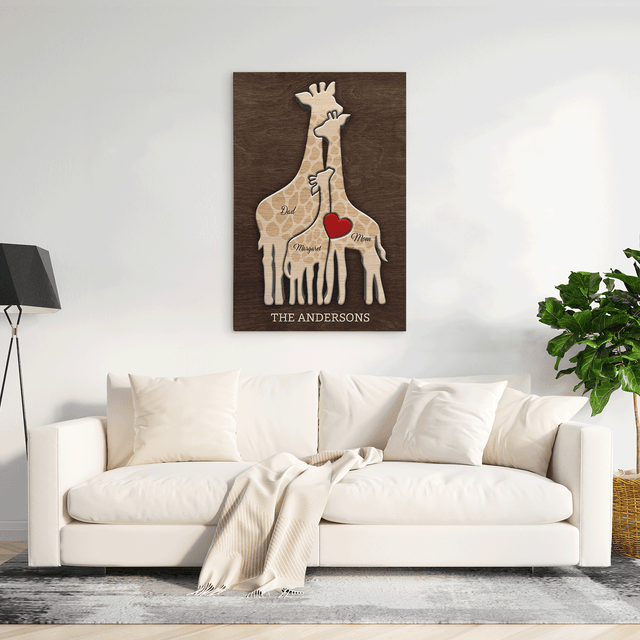 Giraffe Family Puzzle Canvas, Custom Family Name, Wooden Background