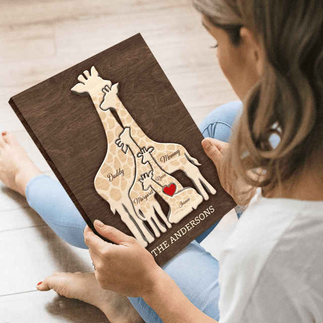 Giraffe Family Puzzle Canvas, Custom Family Name, Wooden Background