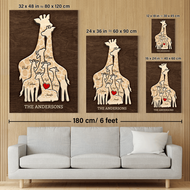 Giraffe Family Puzzle Canvas, Custom Family Name, Wooden Background