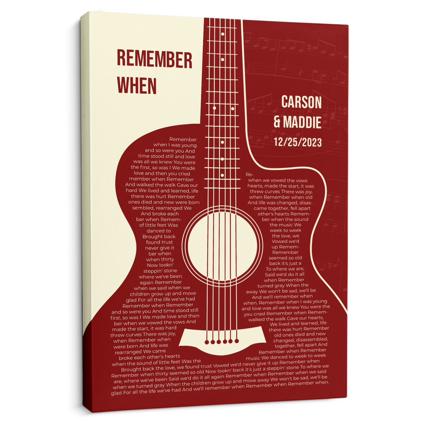 Personalized Song Lyrics & Name, Guitar Art Canvas Print