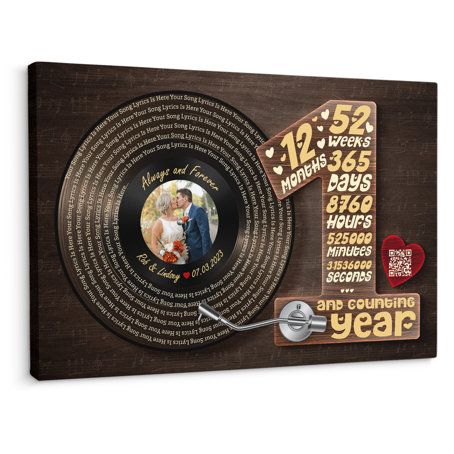 Personalized 1st Anniversary Vinyl Record Photo Canvas