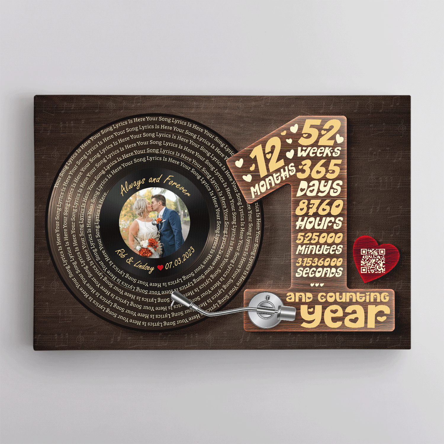 Personalized 1st Anniversary Vinyl Record Photo Canvas