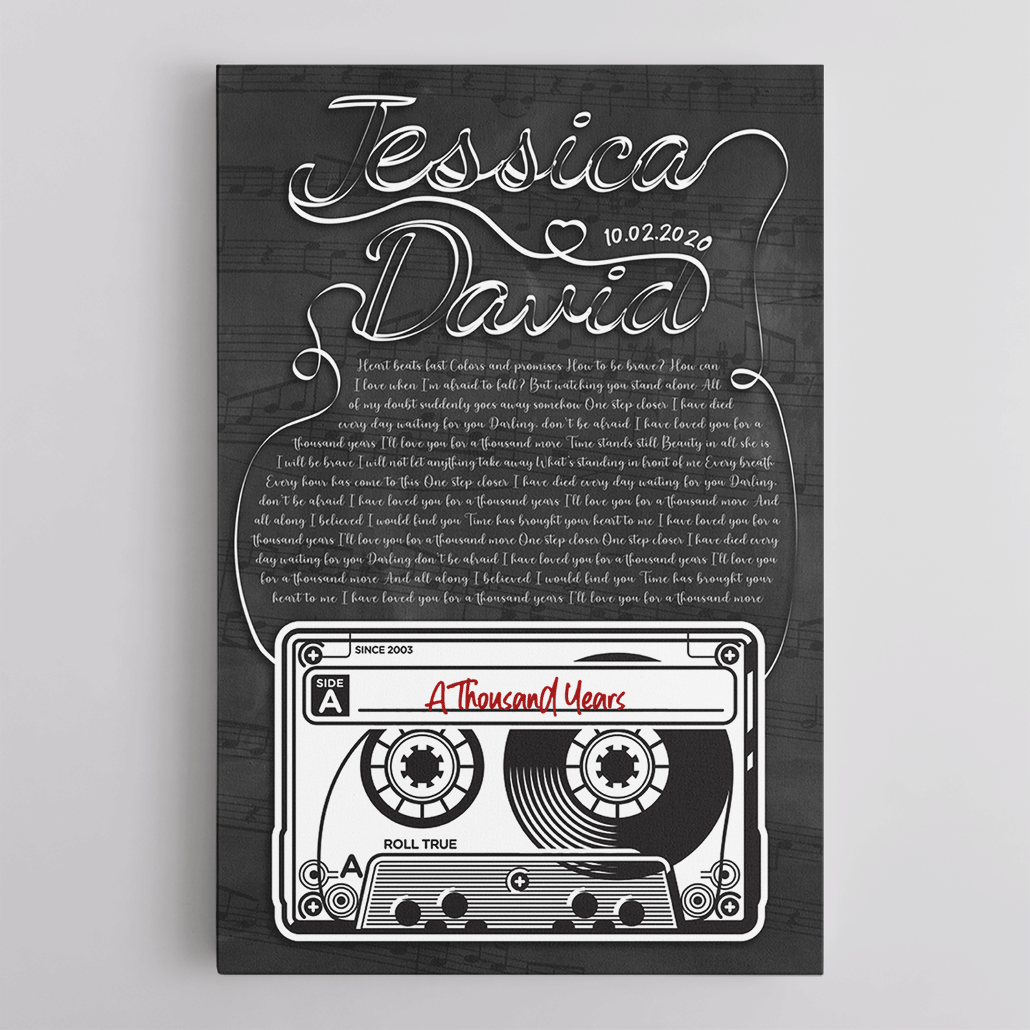 Custom Song Lyrics, Customizable Name And Date, Cassette Tape Black Background Canvas