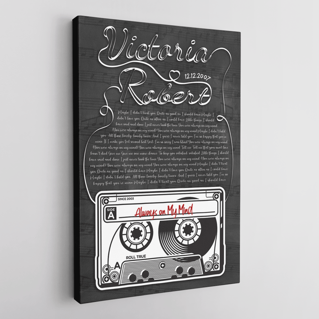 Custom Song Lyrics, Customizable Name And Date, Cassette Tape Black Background Canvas