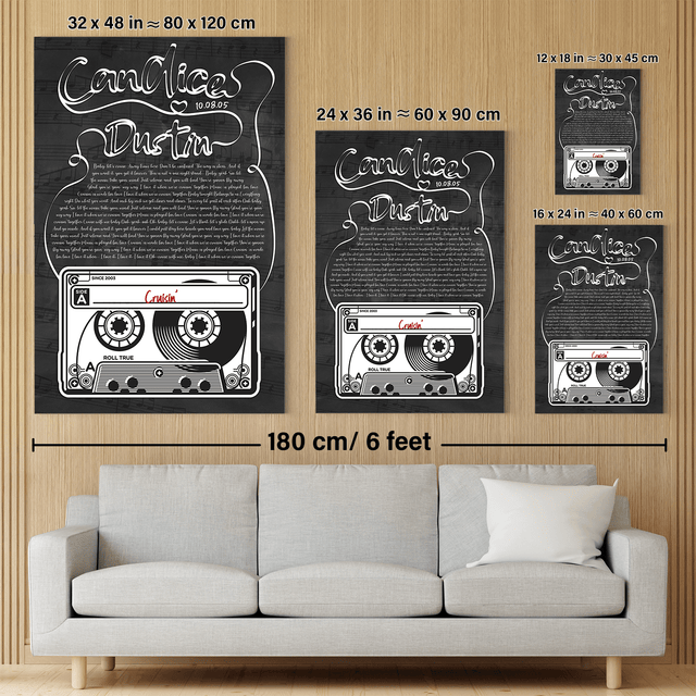 Custom Song Lyrics, Customizable Name And Date, Cassette Tape Black Background Canvas