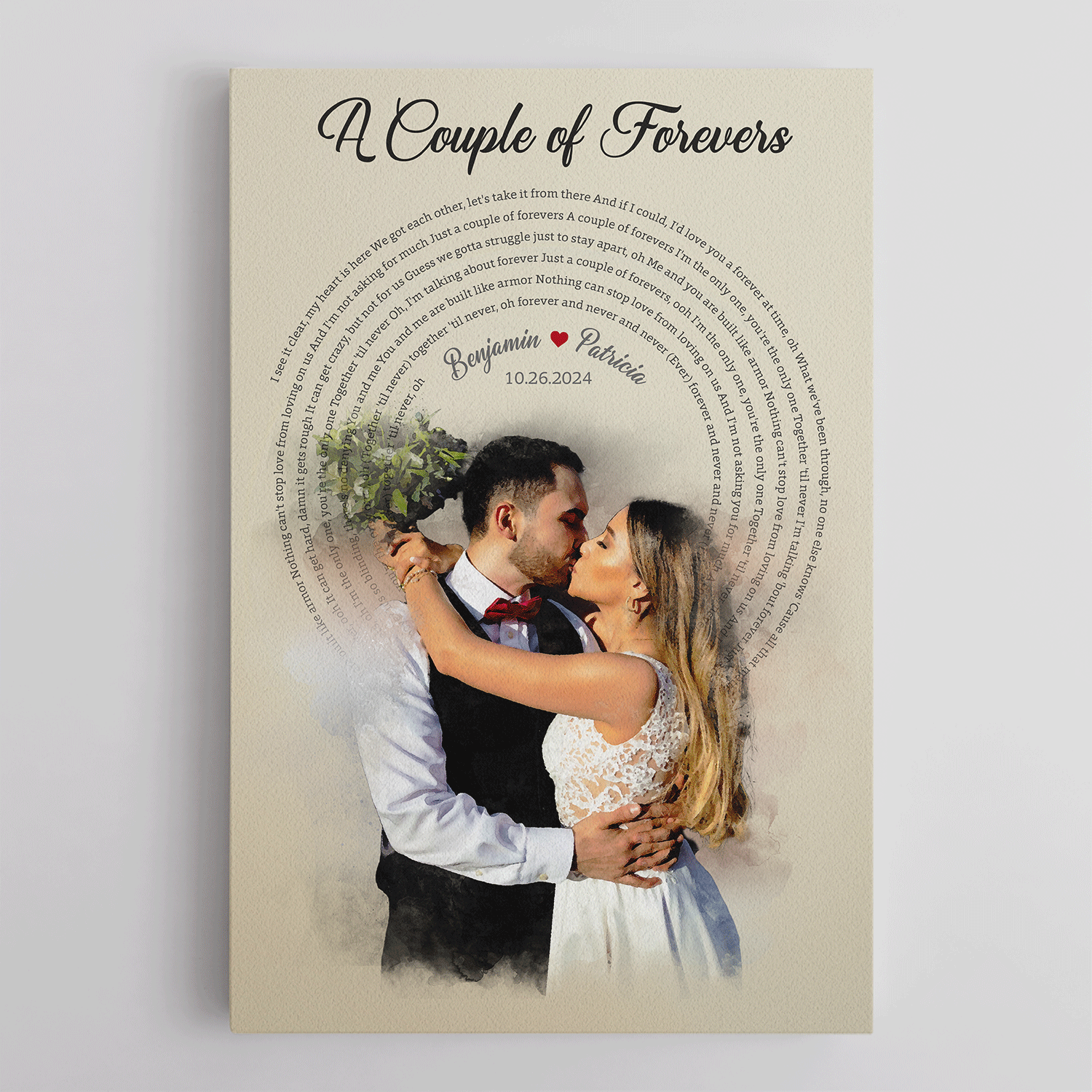 Watercolor Couple Portrait from Photo, Custom Song Lyrics Canvas