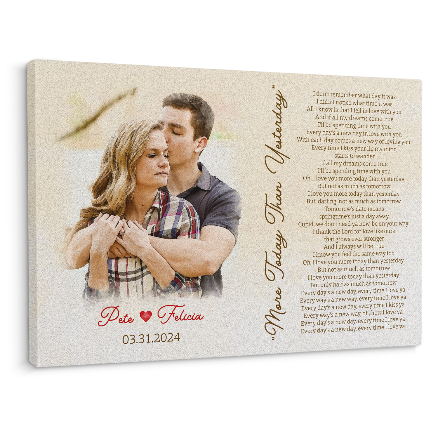 Custom Portrait From Photo, Couple Watercolor & Song Lyrics Canvas