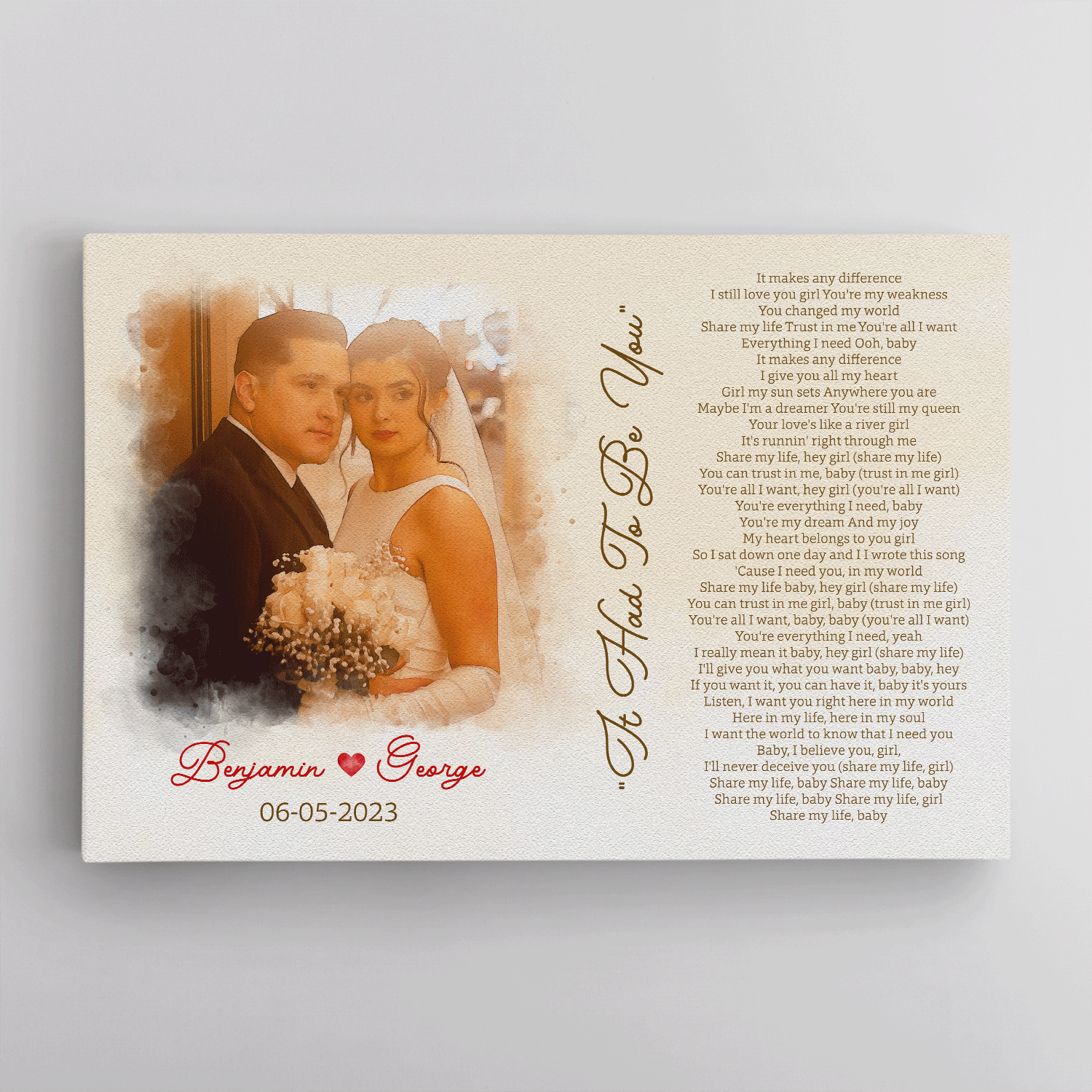 Custom Portrait From Photo, Couple Watercolor & Song Lyrics Canvas