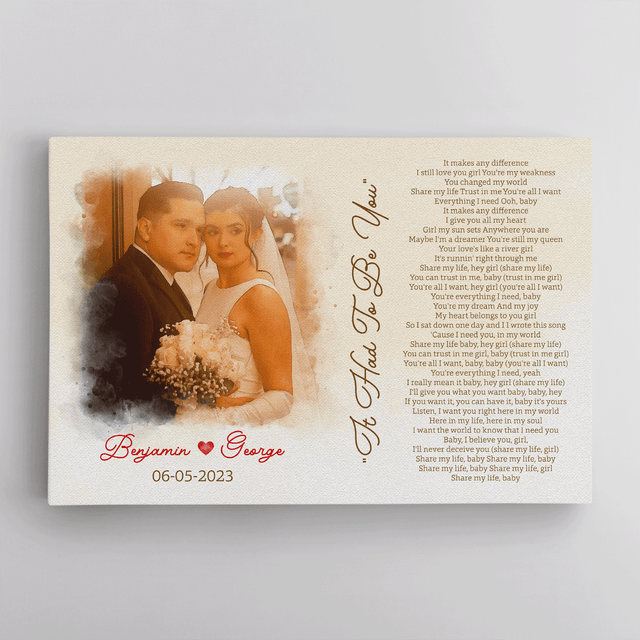 Custom Portrait From Photo, Couple Watercolor & Song Lyrics Canvas