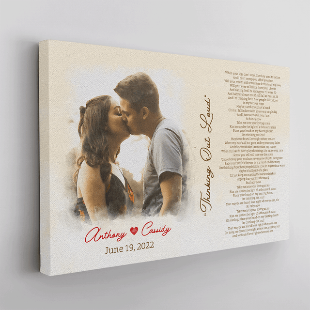 Custom Portrait From Photo, Couple Watercolor & Song Lyrics Canvas