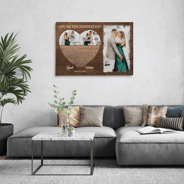 Custom Couple Portrait, Watercolor & Heart Shape Lyrics Wall Art