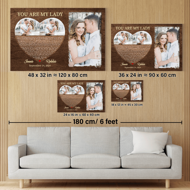 Custom Couple Portrait, Watercolor & Heart Shape Lyrics Wall Art