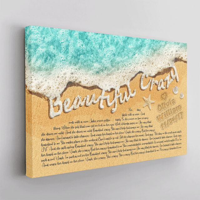 Custom Song Lyrics in The Sand Ocean Canvas Wall Art, Custom Name and Date