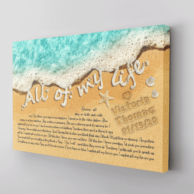 Custom Song Lyrics in The Sand Ocean Canvas Wall Art, Custom Name and Date