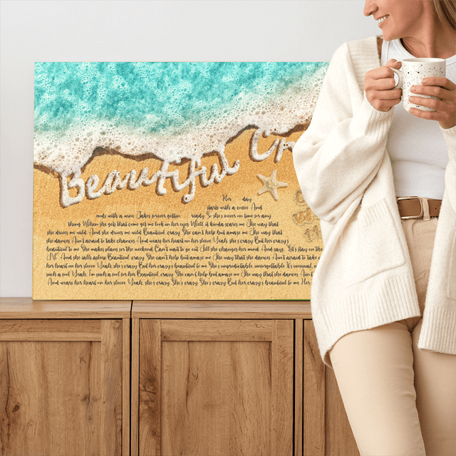 Custom Song Lyrics in The Sand Ocean Canvas Wall Art, Custom Name and Date